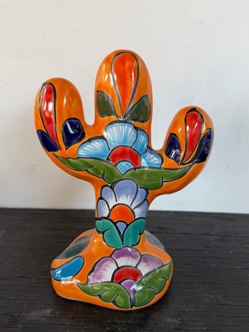 Hand-Painted Orange Floral Talavera Cactus Décor